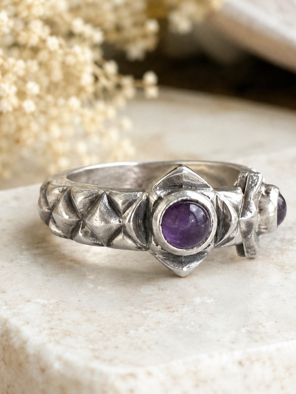 💜 Vintage Sterling Silver 925 Amethyst Artisan Statement Ring Size 7